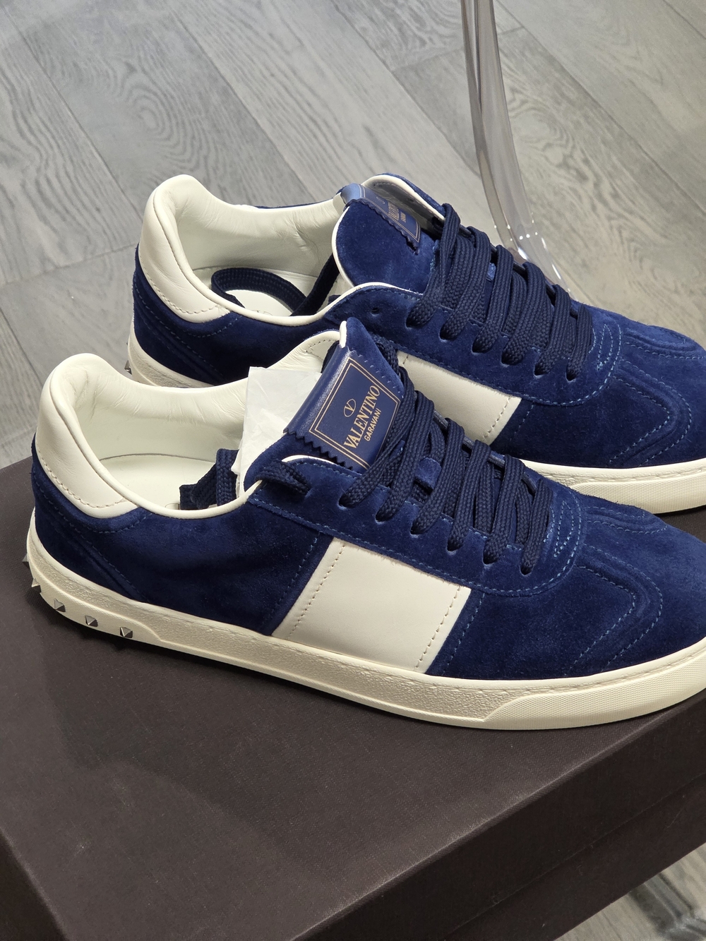 Valentino Men’s Navy Suede Low-Top Sneakers with White Stripe